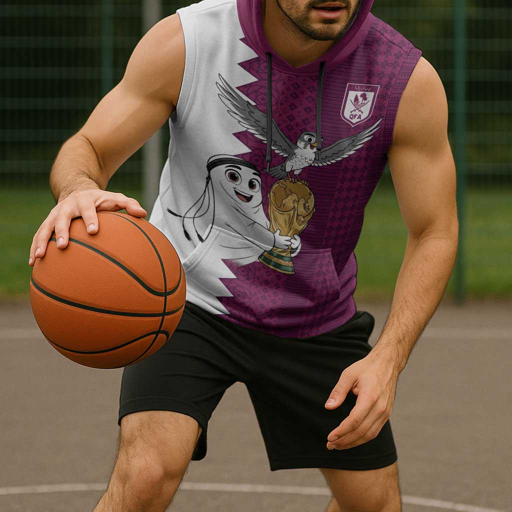 Qatar WC26 Custom Sleeveless Hoodie Funny La'eeb with Arabic Pattern