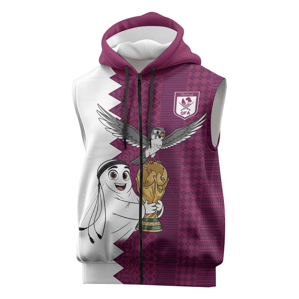 Qatar WC26 Custom Sleeveless Zip Hoodie Funny La'eeb with Arabic Pattern