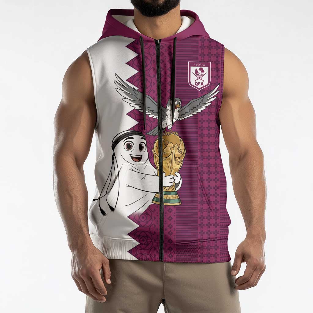 Qatar WC26 Custom Sleeveless Zip Hoodie Funny La'eeb with Arabic Pattern