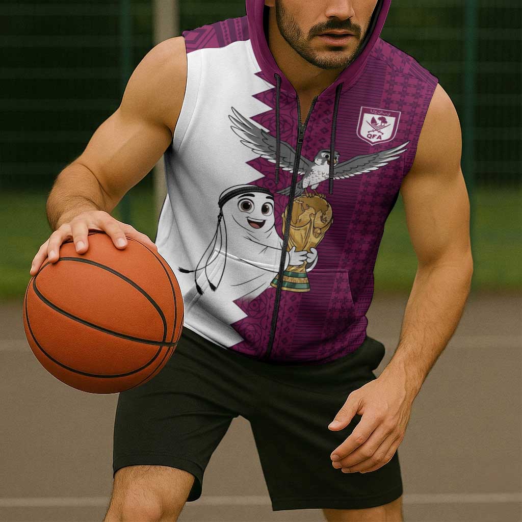 Qatar WC26 Custom Sleeveless Zip Hoodie Funny La'eeb with Arabic Pattern