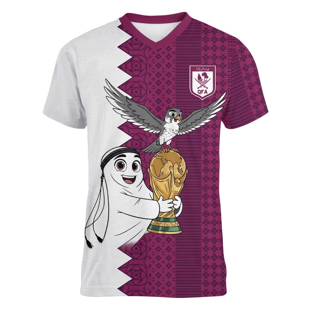Qatar WC26 Custom Women V-Neck T-Shirt Funny La'eeb with Arabic Pattern
