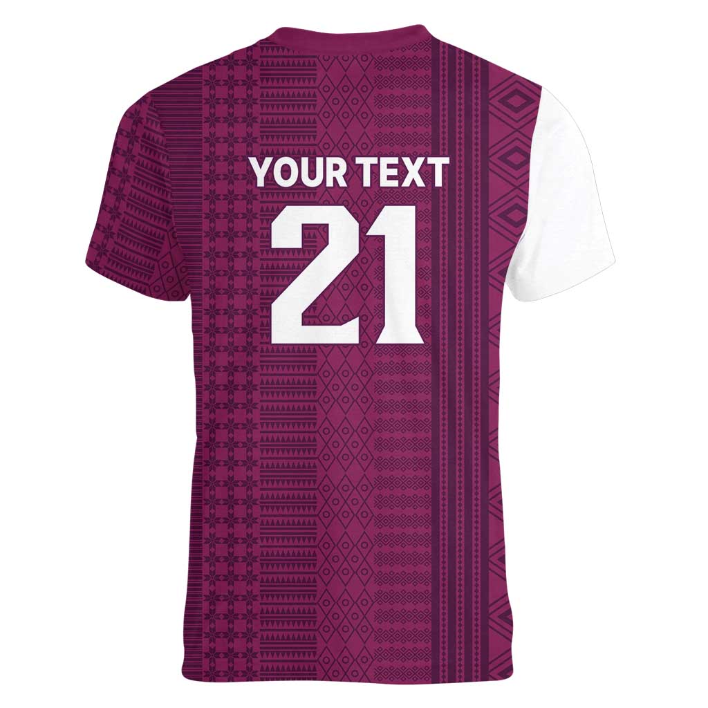 Qatar WC26 Custom Women V-Neck T-Shirt Funny La'eeb with Arabic Pattern