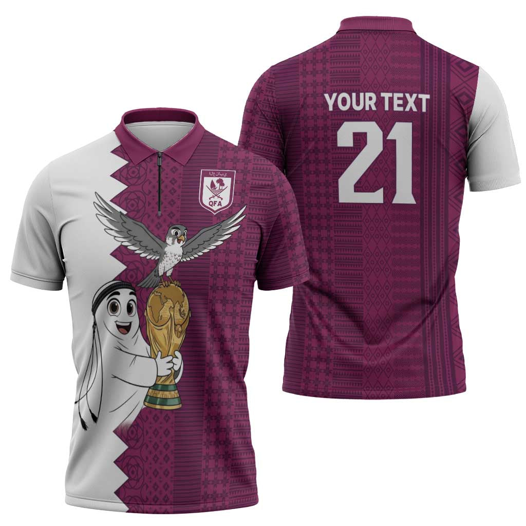 Qatar WC26 Custom Zipper Polo Shirt Funny La'eeb with Arabic Pattern
