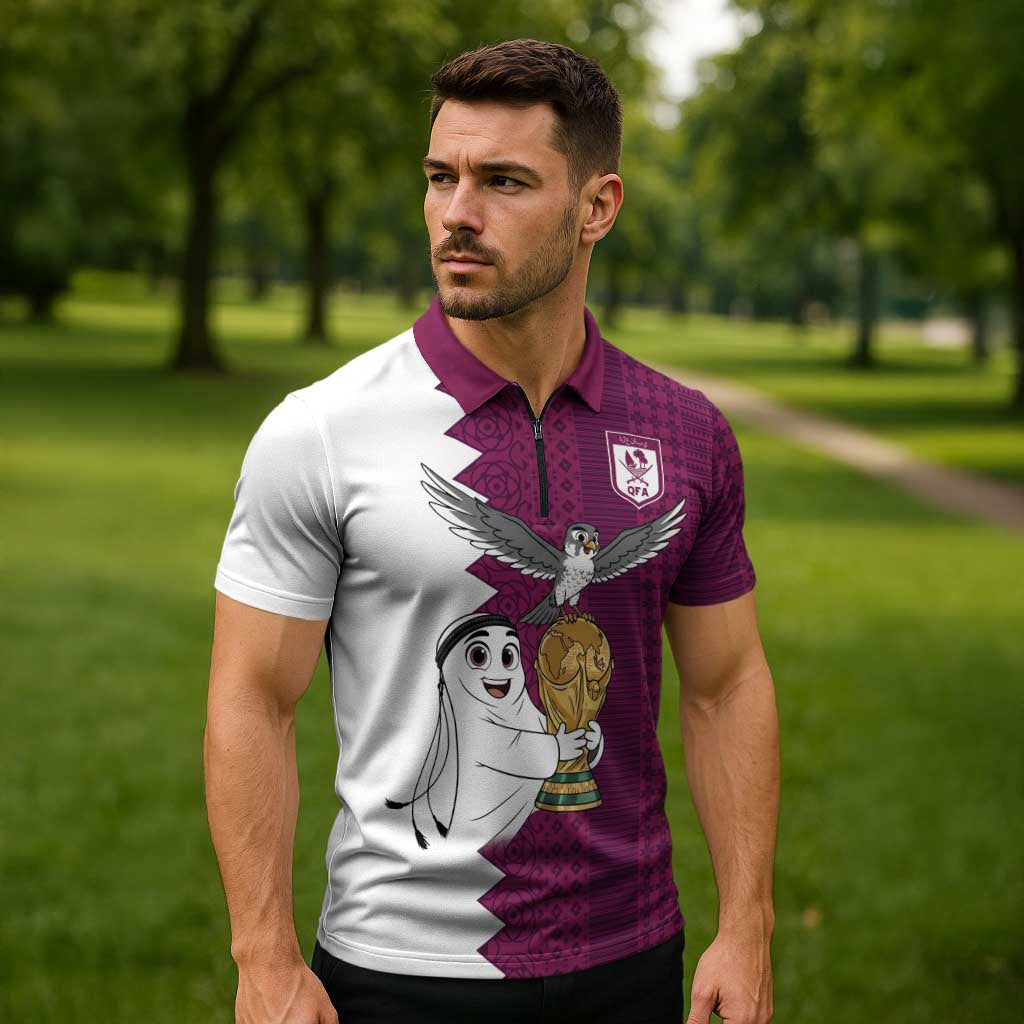 Qatar WC26 Custom Zipper Polo Shirt Funny La'eeb with Arabic Pattern