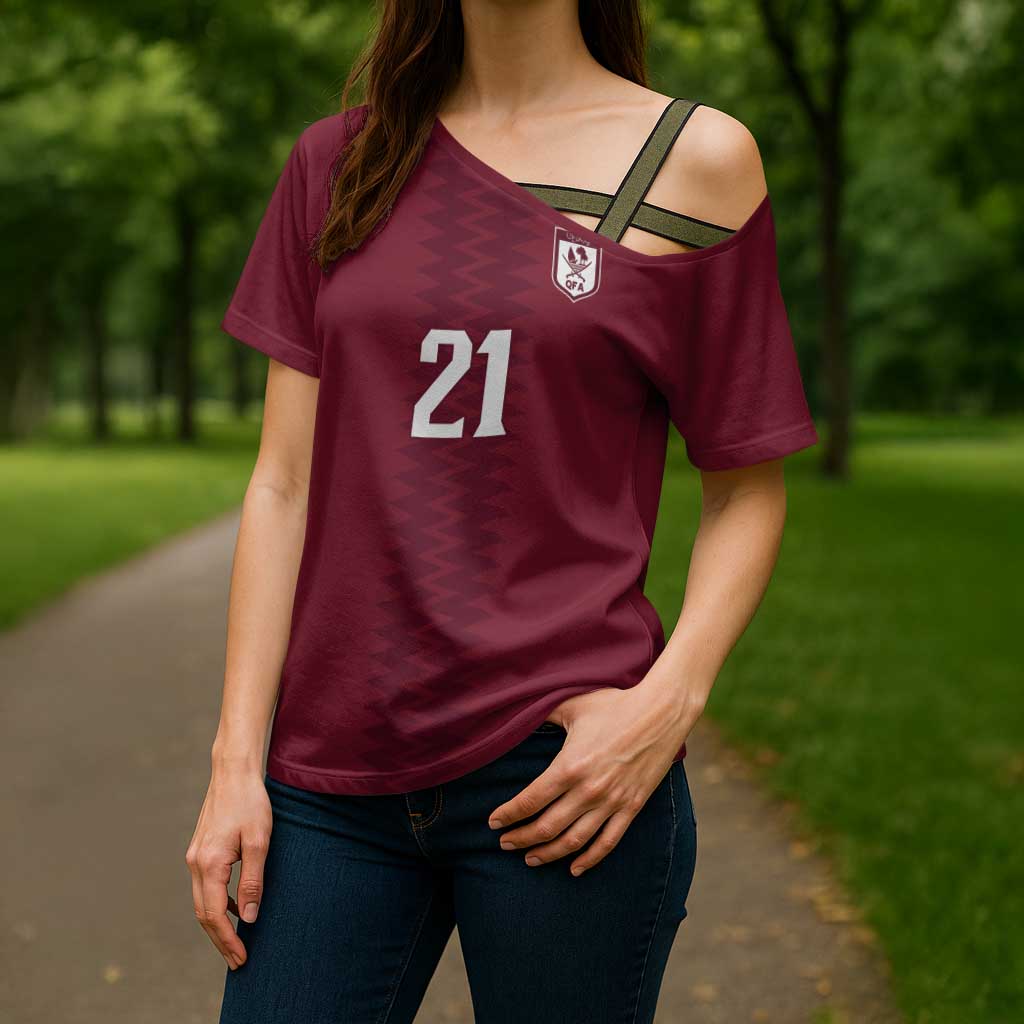 Qatar WC26 Custom Cross Shoulder Shirt Maroon One Zigzag Pattern