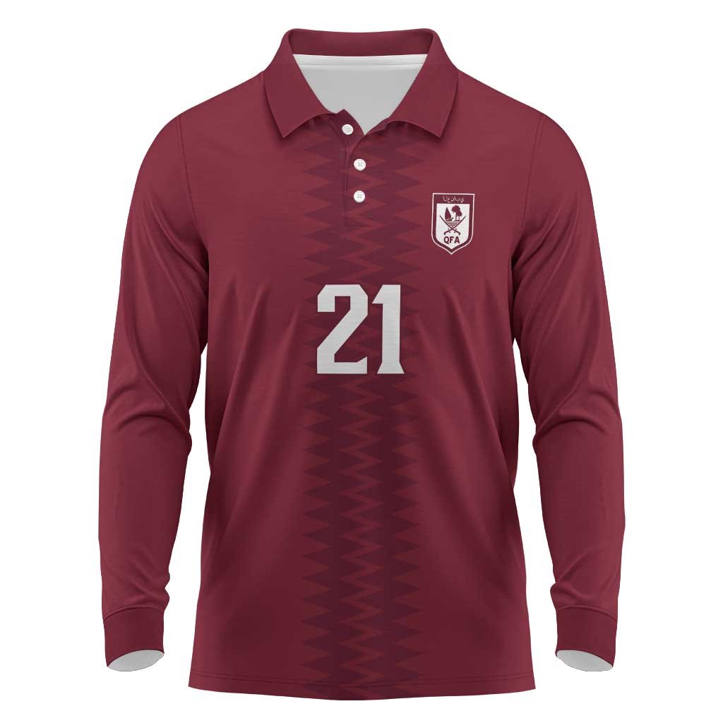Qatar WC26 Custom Long Sleeve Polo Shirt Maroon One Zigzag Pattern