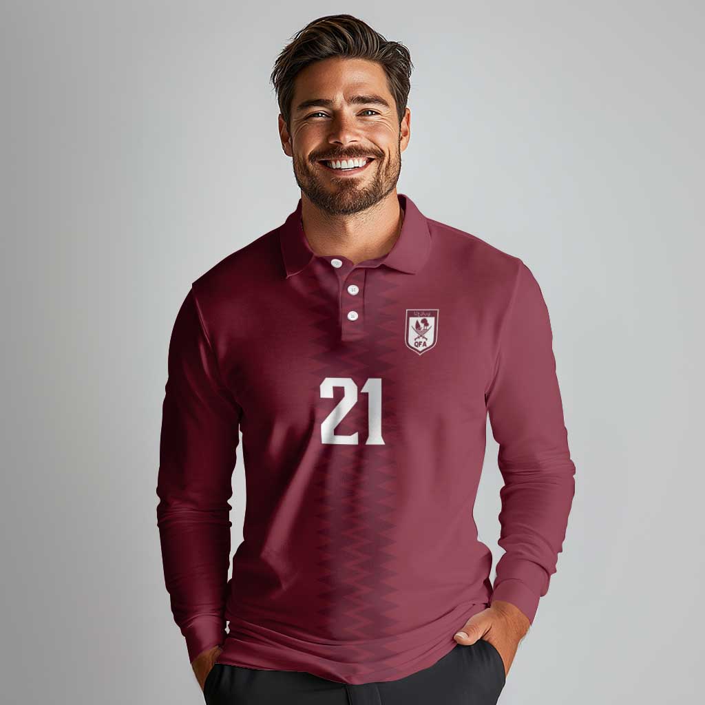 Qatar WC26 Custom Long Sleeve Polo Shirt Maroon One Zigzag Pattern