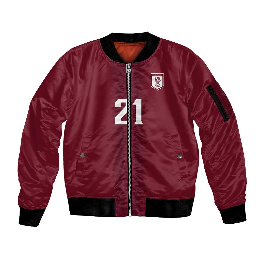 Qatar WC26 Custom Sleeve Zip Bomber Jacket Maroon One Zigzag Pattern