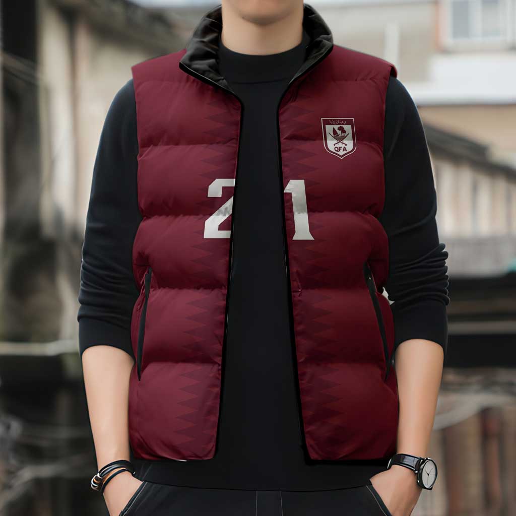 Qatar WC26 Custom Sleeveless Puffer Jacket Maroon One Zigzag Pattern