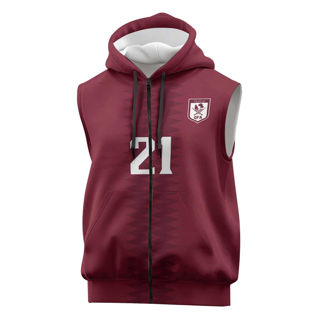 Qatar WC26 Custom Sleeveless Zip Hoodie Maroon One Zigzag Pattern