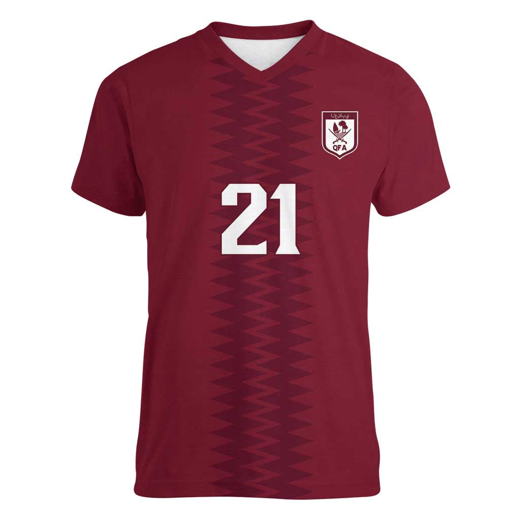 Qatar WC26 Custom Women V-Neck T-Shirt Maroon One Zigzag Pattern