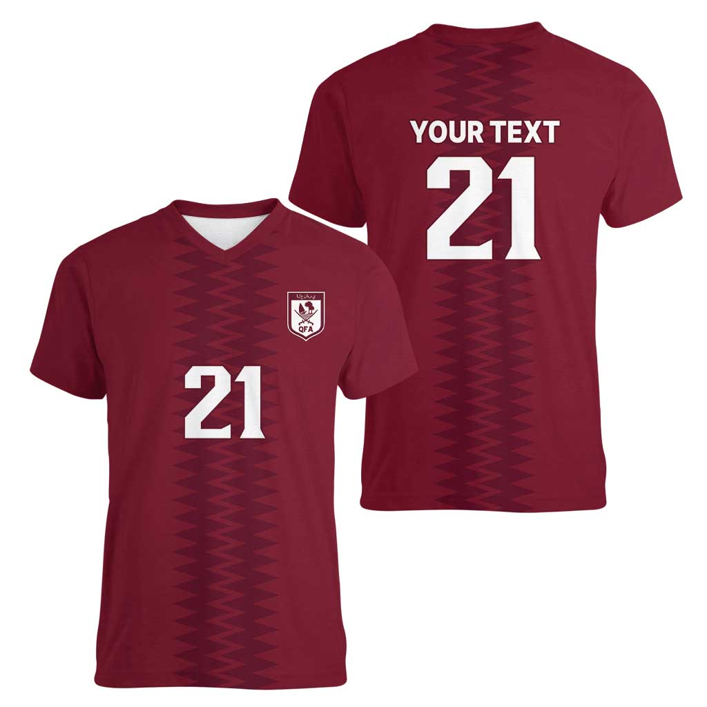 Qatar WC26 Custom Women V-Neck T-Shirt Maroon One Zigzag Pattern