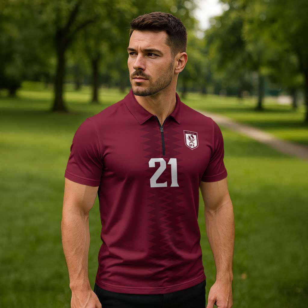 Qatar WC26 Custom Zipper Polo Shirt Maroon One Zigzag Pattern
