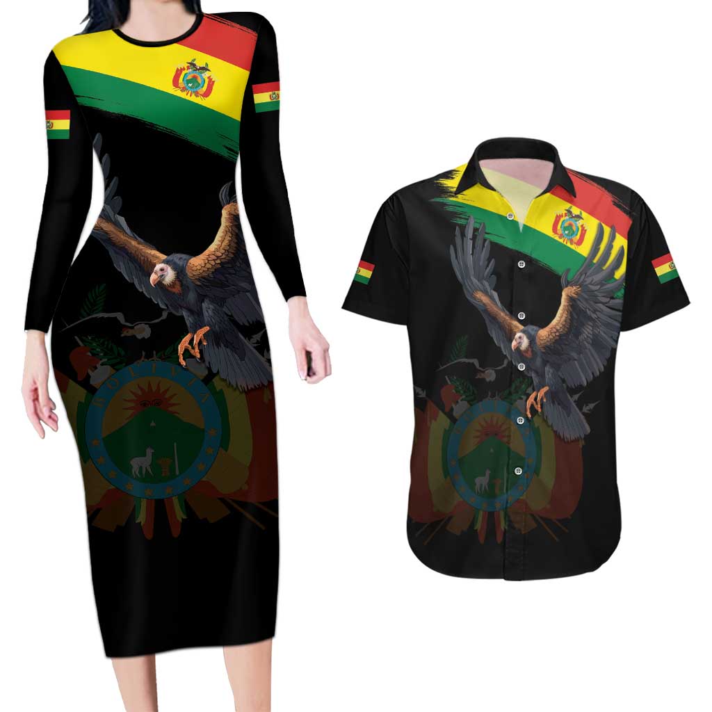Bolivia Andean Condor Couples Matching Long Sleeve Bodycon Dress and Hawaiian Shirt Grunge Flag Motif