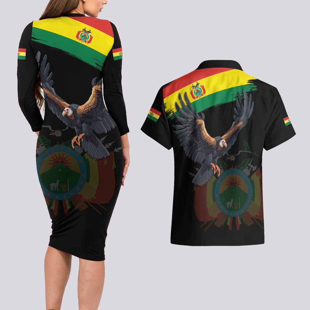 Bolivia Andean Condor Couples Matching Long Sleeve Bodycon Dress and Hawaiian Shirt Grunge Flag Motif