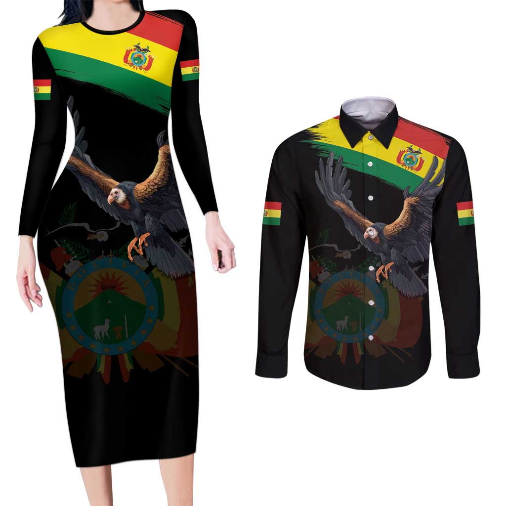 Bolivia Andean Condor Couples Matching Long Sleeve Bodycon Dress and Long Sleeve Button Shirt Grunge Flag Motif