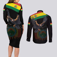Bolivia Andean Condor Couples Matching Long Sleeve Bodycon Dress and Long Sleeve Button Shirt Grunge Flag Motif