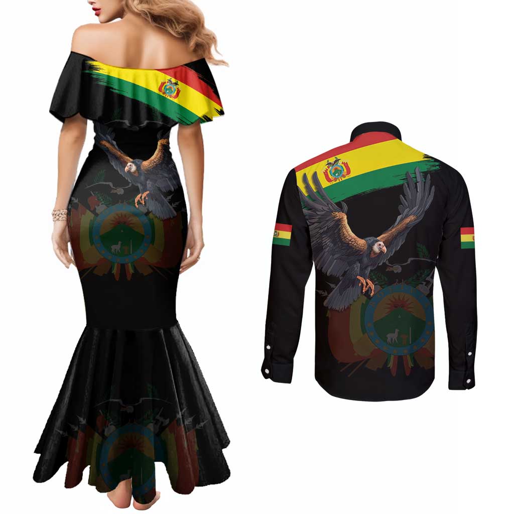 Bolivia Andean Condor Couples Matching Mermaid Dress and Long Sleeve Button Shirt Grunge Flag Motif