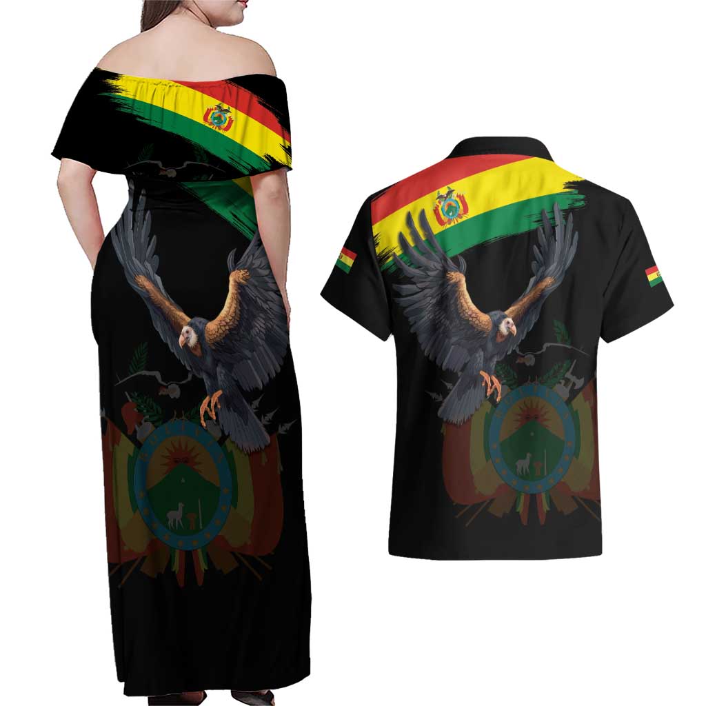 Bolivia Andean Condor Couples Matching Off Shoulder Maxi Dress and Hawaiian Shirt Grunge Flag Motif