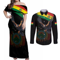 Bolivia Andean Condor Couples Matching Off Shoulder Maxi Dress and Long Sleeve Button Shirt Grunge Flag Motif