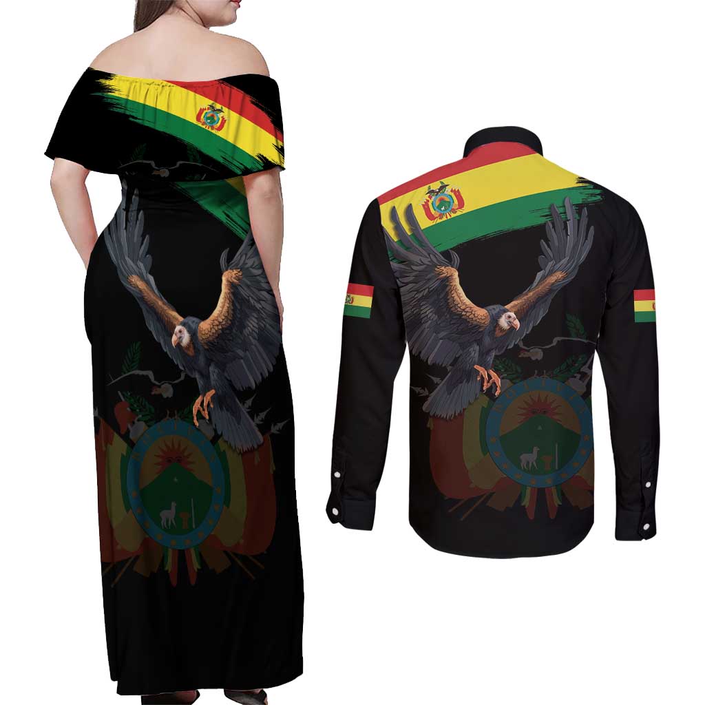 Bolivia Andean Condor Couples Matching Off Shoulder Maxi Dress and Long Sleeve Button Shirt Grunge Flag Motif