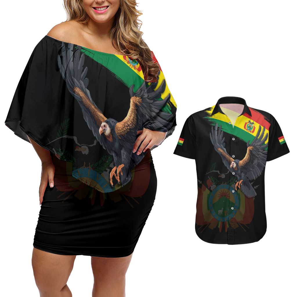 Bolivia Andean Condor Couples Matching Off Shoulder Short Dress and Hawaiian Shirt Grunge Flag Motif