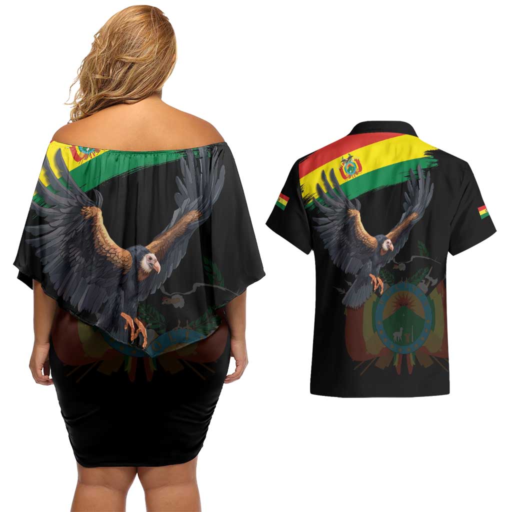 Bolivia Andean Condor Couples Matching Off Shoulder Short Dress and Hawaiian Shirt Grunge Flag Motif