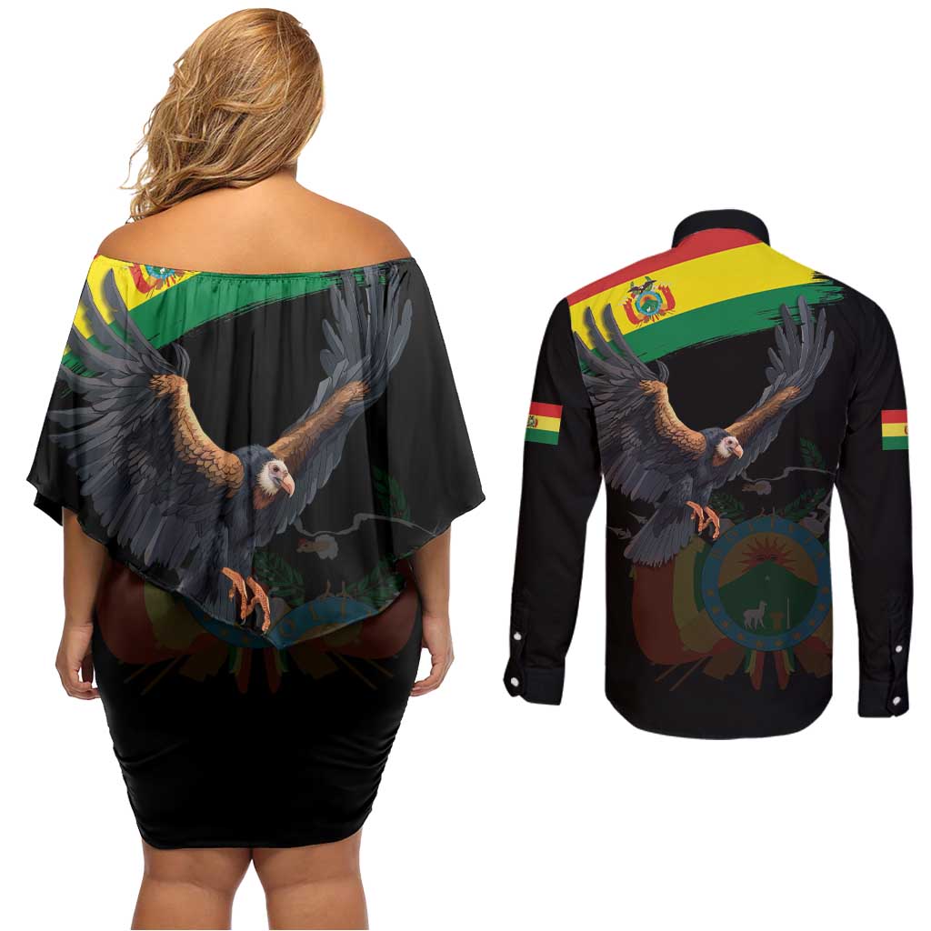 Bolivia Andean Condor Couples Matching Off Shoulder Short Dress and Long Sleeve Button Shirt Grunge Flag Motif