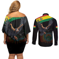 Bolivia Andean Condor Couples Matching Off Shoulder Short Dress and Long Sleeve Button Shirt Grunge Flag Motif
