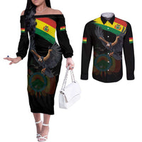 Bolivia Andean Condor Couples Matching Off The Shoulder Long Sleeve Dress and Long Sleeve Button Shirt Grunge Flag Motif