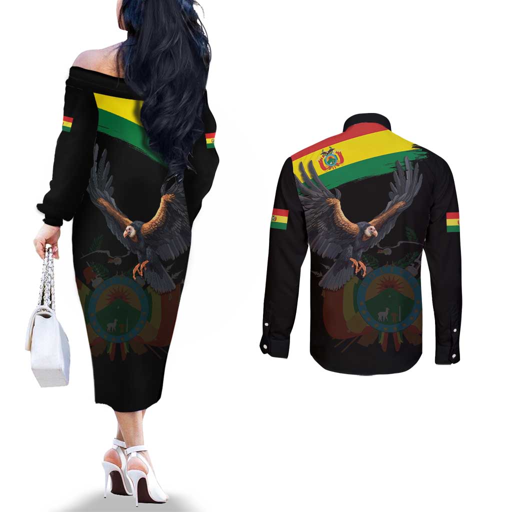 Bolivia Andean Condor Couples Matching Off The Shoulder Long Sleeve Dress and Long Sleeve Button Shirt Grunge Flag Motif