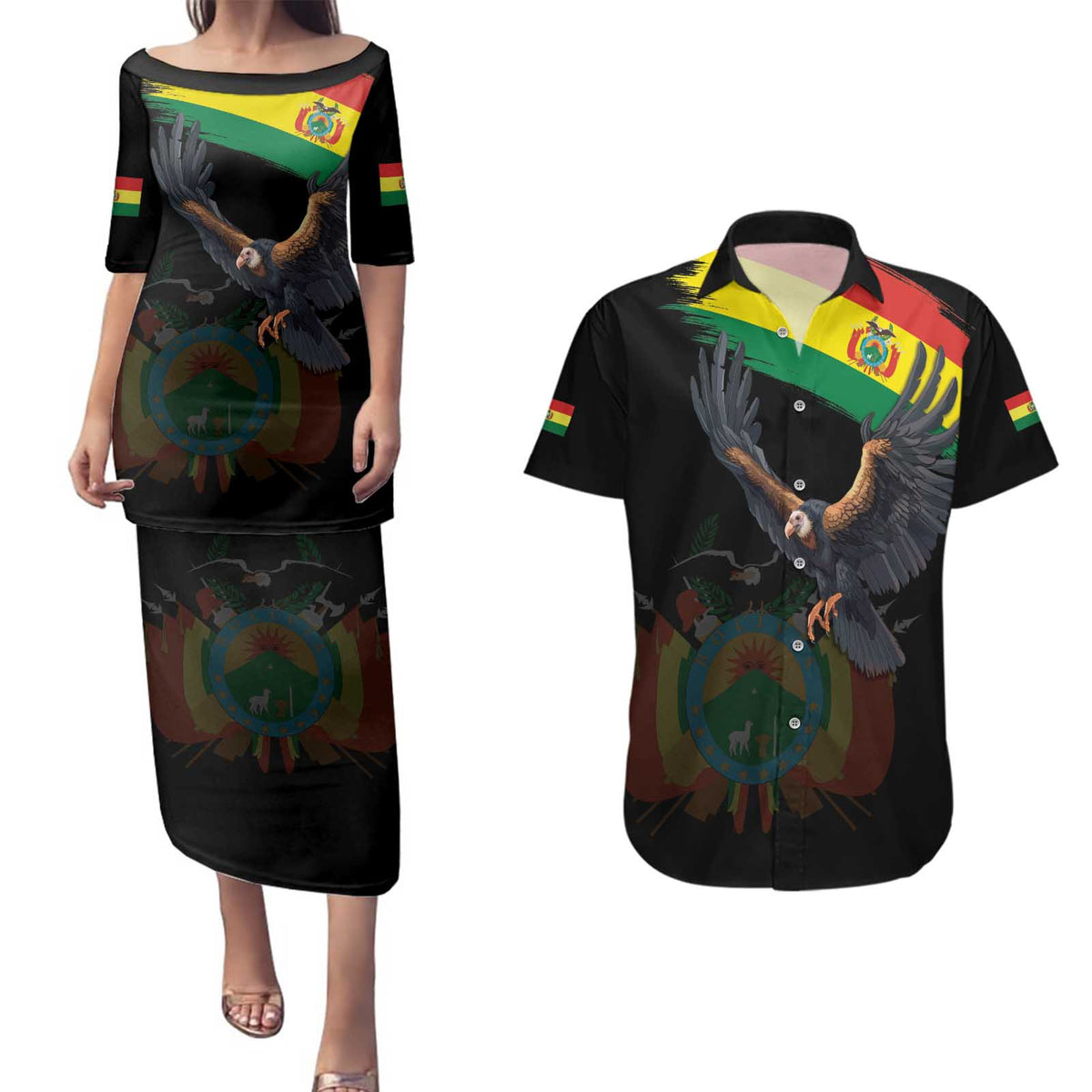 Bolivia Andean Condor Couples Matching Puletasi and Hawaiian Shirt Grunge Flag Motif
