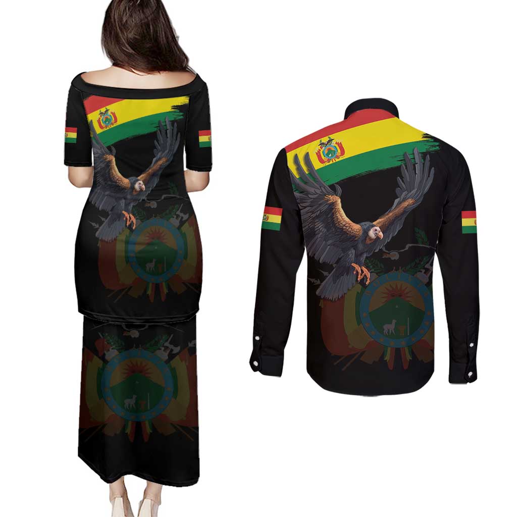 Bolivia Andean Condor Couples Matching Puletasi and Long Sleeve Button Shirt Grunge Flag Motif