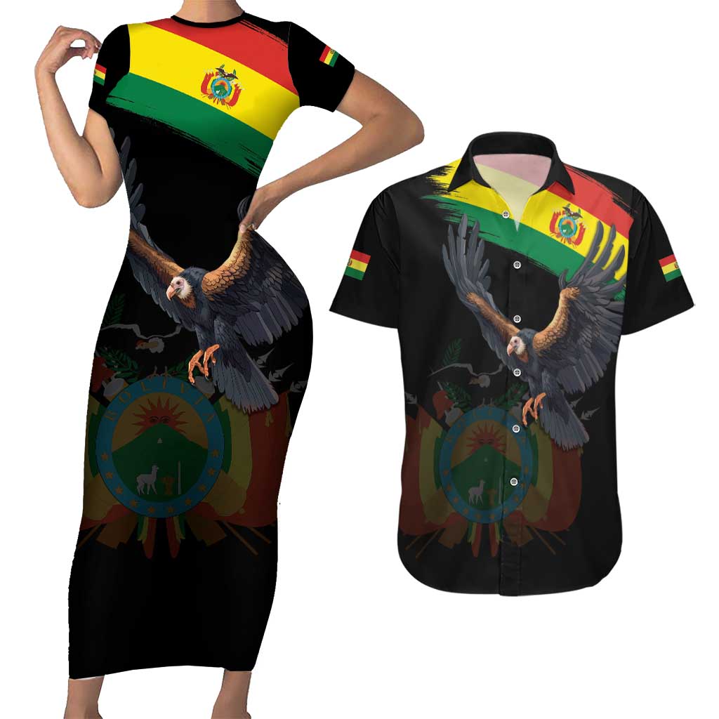 Bolivia Andean Condor Couples Matching Short Sleeve Bodycon Dress and Hawaiian Shirt Grunge Flag Motif