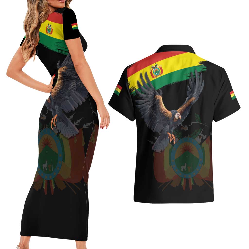 Bolivia Andean Condor Couples Matching Short Sleeve Bodycon Dress and Hawaiian Shirt Grunge Flag Motif