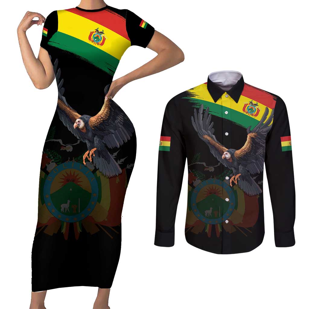 Bolivia Andean Condor Couples Matching Short Sleeve Bodycon Dress and Long Sleeve Button Shirt Grunge Flag Motif