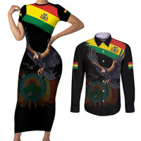 Bolivia Andean Condor Couples Matching Short Sleeve Bodycon Dress and Long Sleeve Button Shirt Grunge Flag Motif