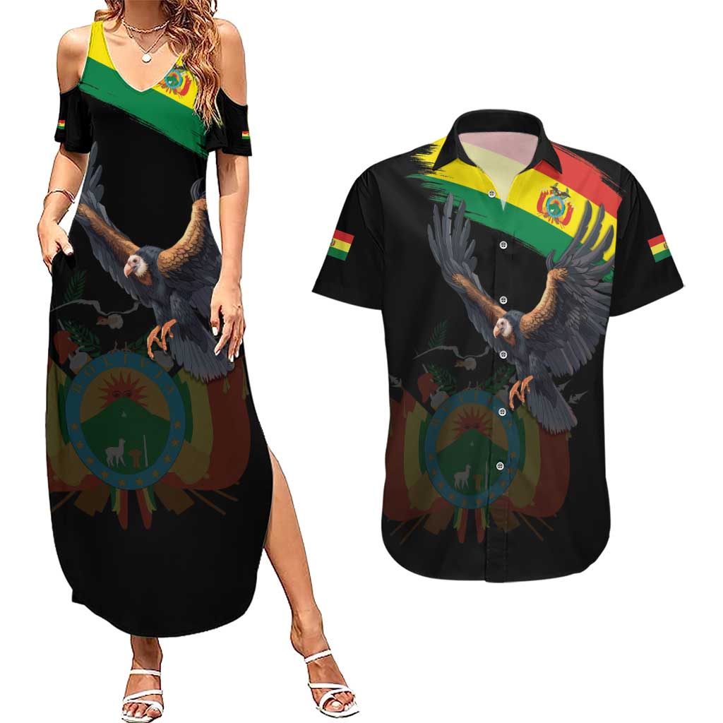Bolivia Andean Condor Couples Matching Summer Maxi Dress and Hawaiian Shirt Grunge Flag Motif