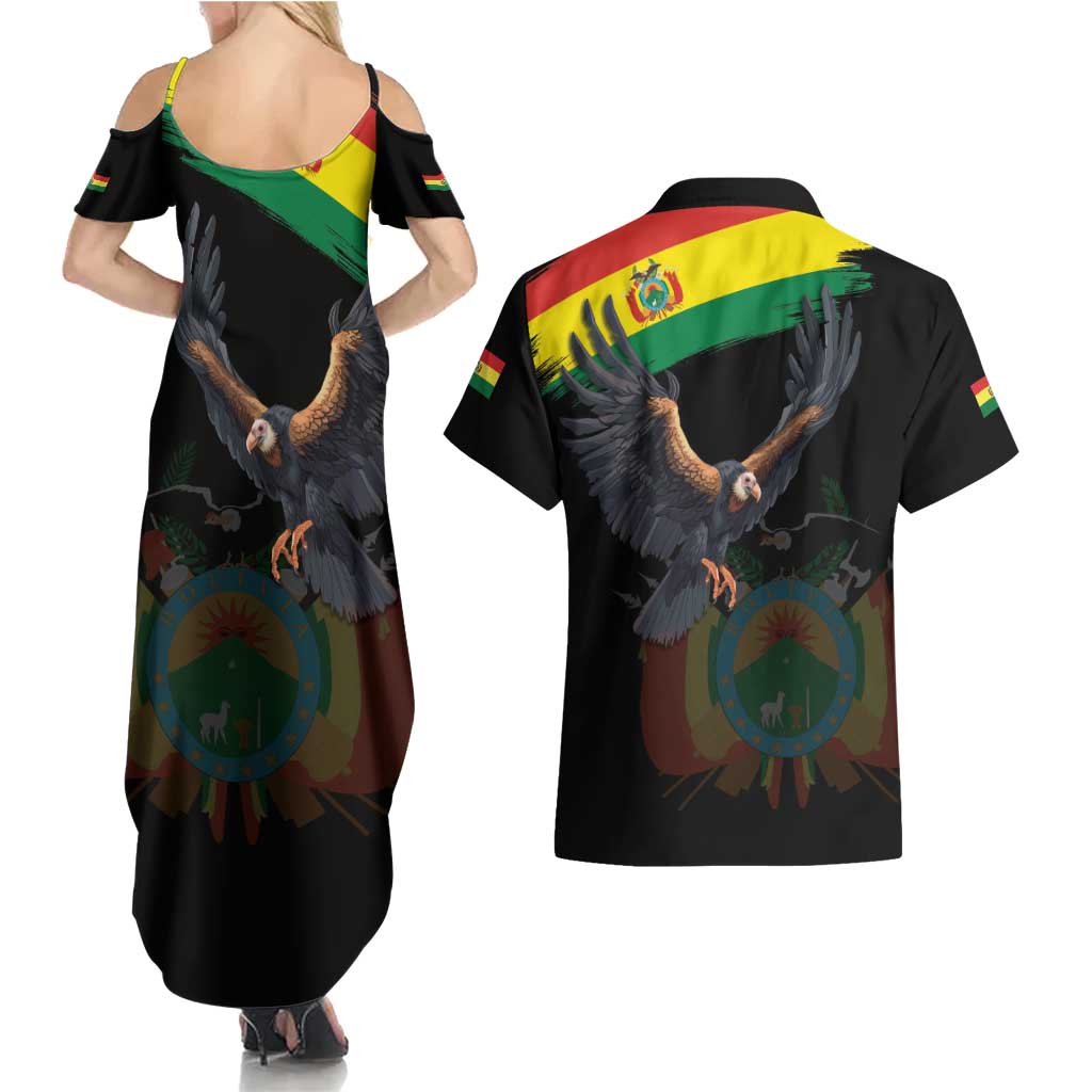 Bolivia Andean Condor Couples Matching Summer Maxi Dress and Hawaiian Shirt Grunge Flag Motif