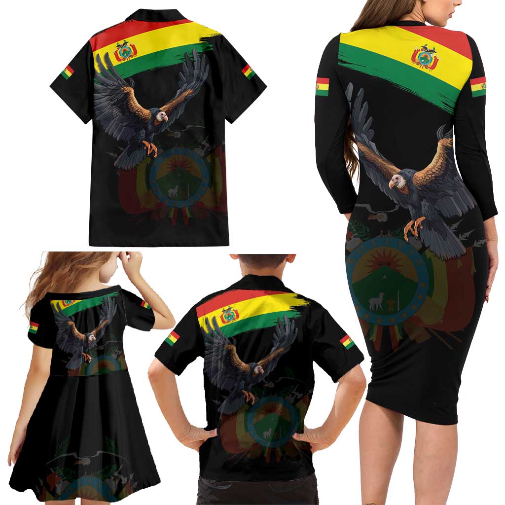 Bolivia Andean Condor Family Matching Long Sleeve Bodycon Dress and Hawaiian Shirt Grunge Flag Motif
