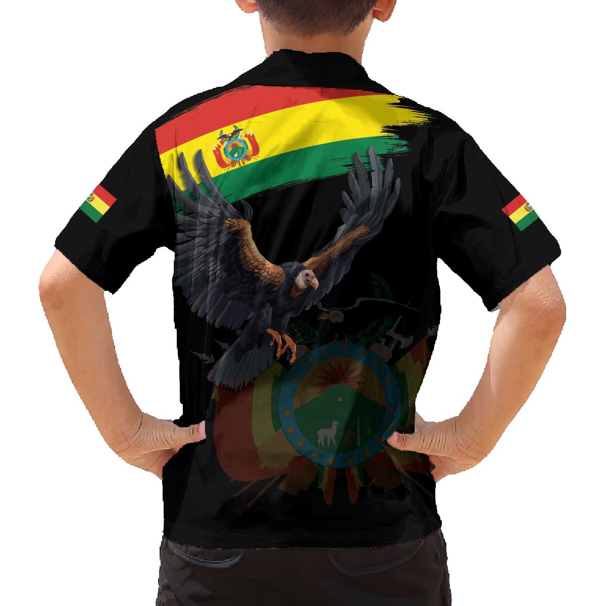 Bolivia Andean Condor Family Matching Off The Shoulder Long Sleeve Dress and Hawaiian Shirt Grunge Flag Motif