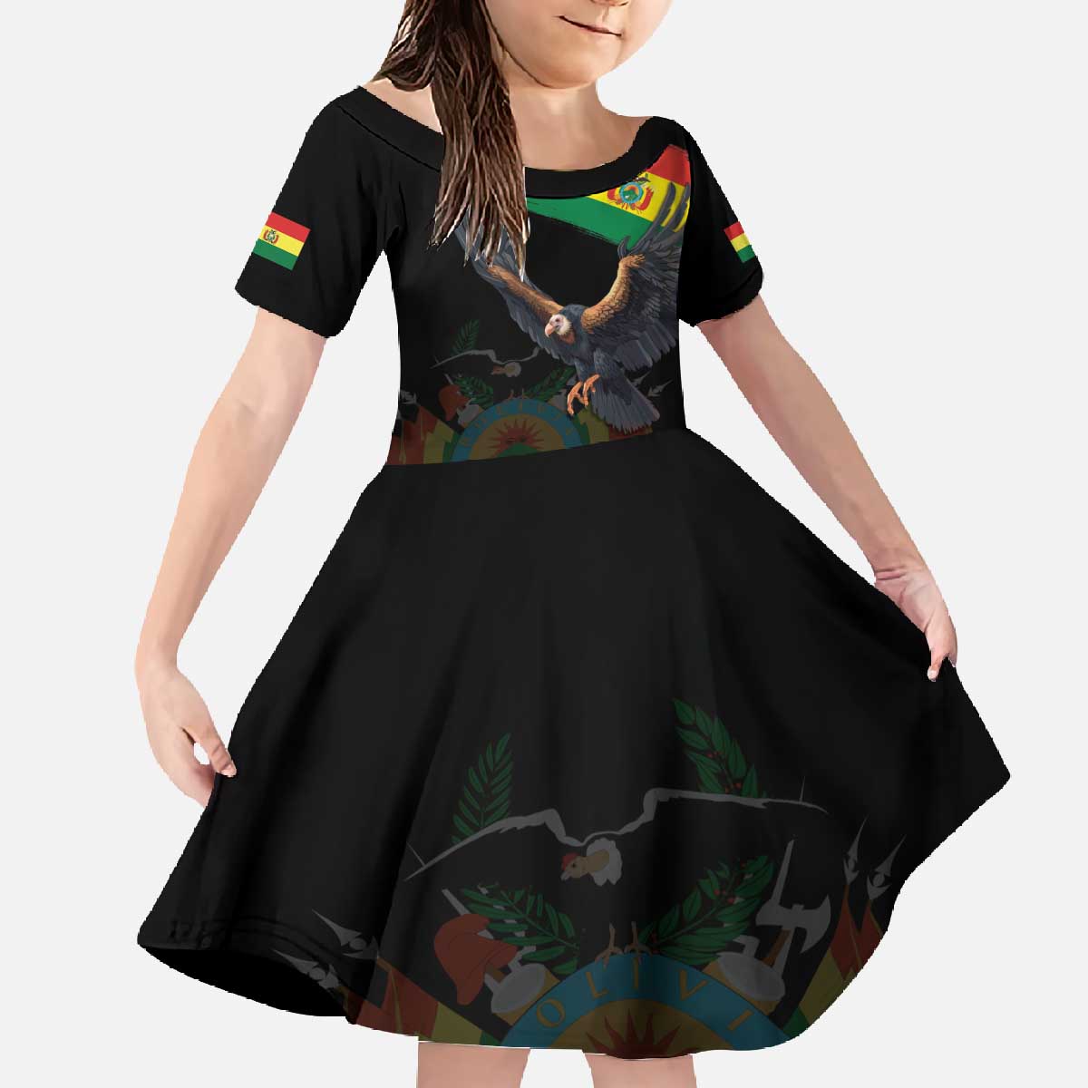 Bolivia Andean Condor Family Matching Off The Shoulder Long Sleeve Dress and Hawaiian Shirt Grunge Flag Motif