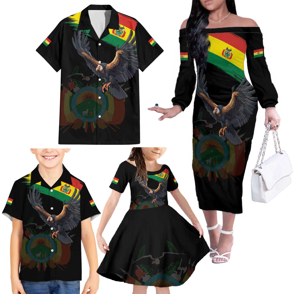 Bolivia Andean Condor Family Matching Off The Shoulder Long Sleeve Dress and Hawaiian Shirt Grunge Flag Motif