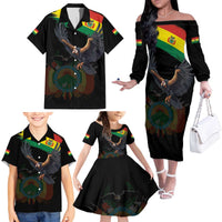 Bolivia Andean Condor Family Matching Off The Shoulder Long Sleeve Dress and Hawaiian Shirt Grunge Flag Motif