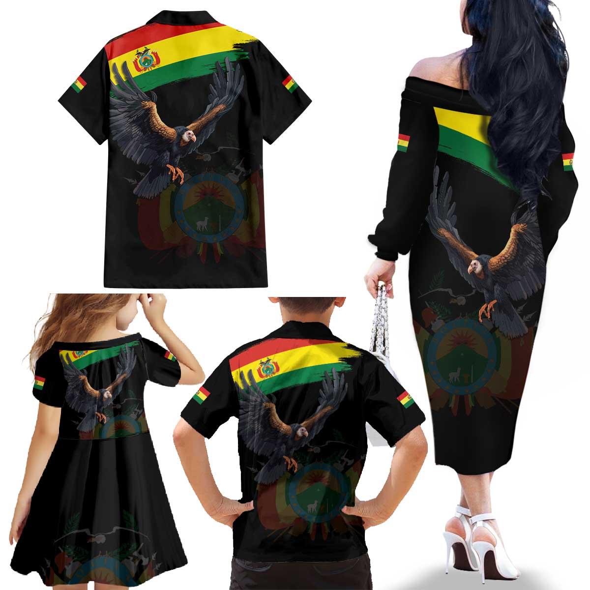 Bolivia Andean Condor Family Matching Off The Shoulder Long Sleeve Dress and Hawaiian Shirt Grunge Flag Motif