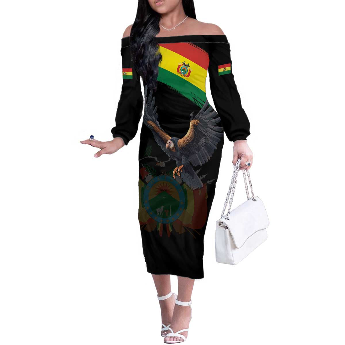 Bolivia Andean Condor Family Matching Off The Shoulder Long Sleeve Dress and Hawaiian Shirt Grunge Flag Motif