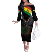 Bolivia Andean Condor Family Matching Off The Shoulder Long Sleeve Dress and Hawaiian Shirt Grunge Flag Motif