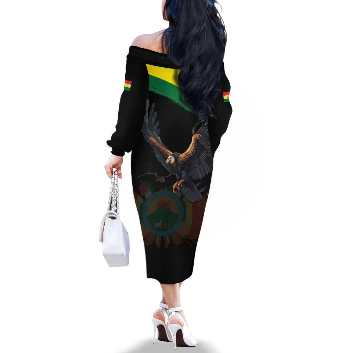 Bolivia Andean Condor Family Matching Off The Shoulder Long Sleeve Dress and Hawaiian Shirt Grunge Flag Motif