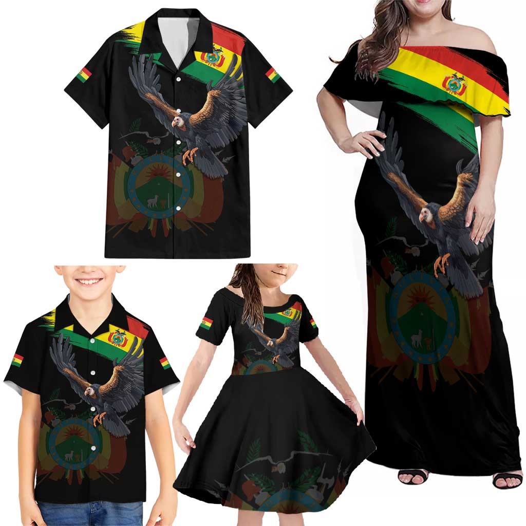 Bolivia Andean Condor Family Matching Off Shoulder Maxi Dress and Hawaiian Shirt Grunge Flag Motif