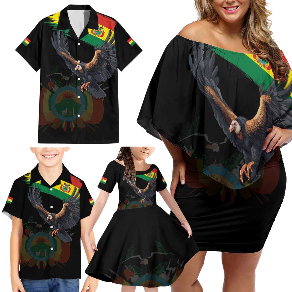 Bolivia Andean Condor Family Matching Off Shoulder Short Dress and Hawaiian Shirt Grunge Flag Motif